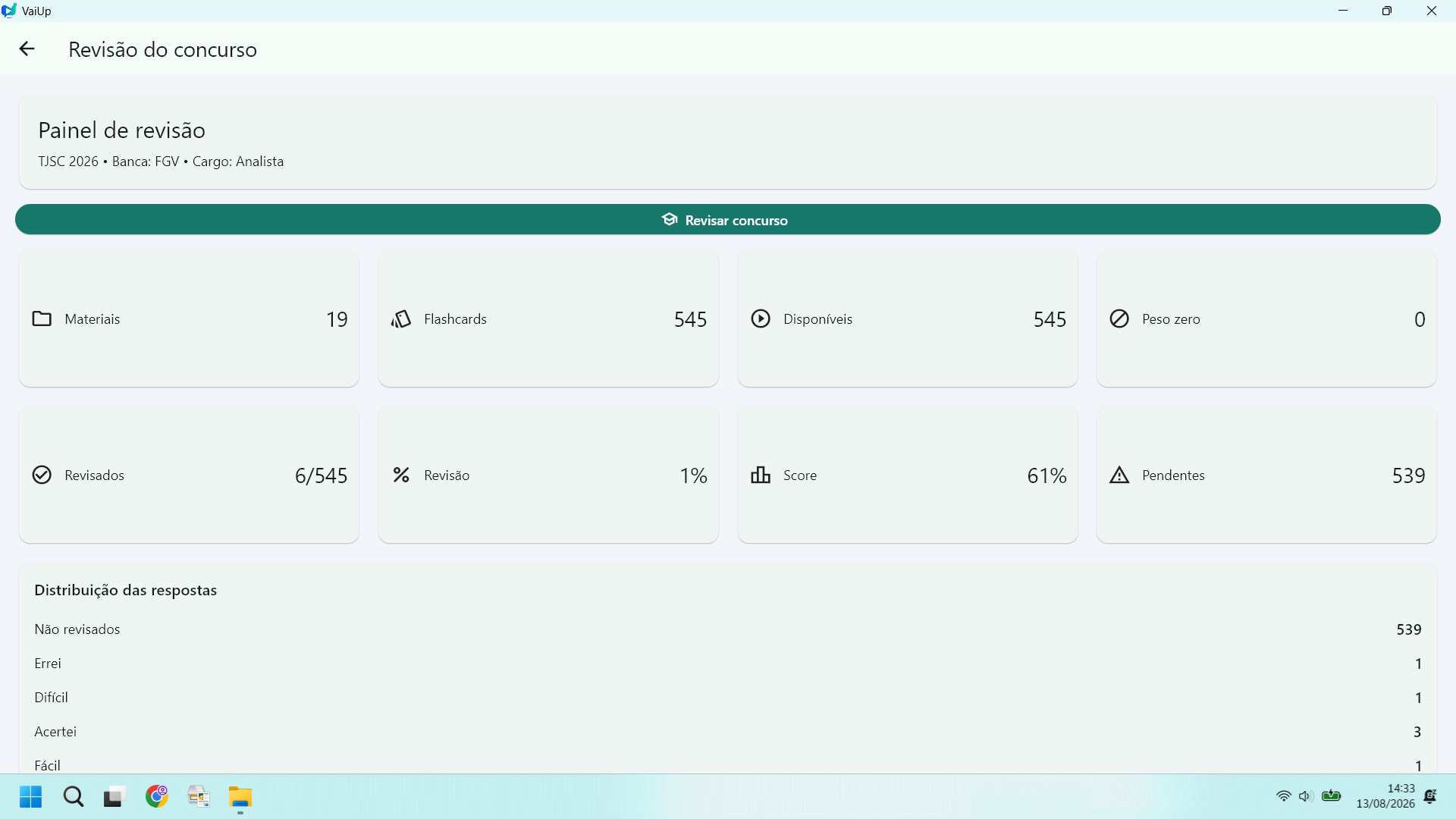 Tela de revisão de flashcards no VaiUp
